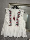 George White Frill Sleeve Cross Stitch Blouse size 12 100% cotton Rrp£18