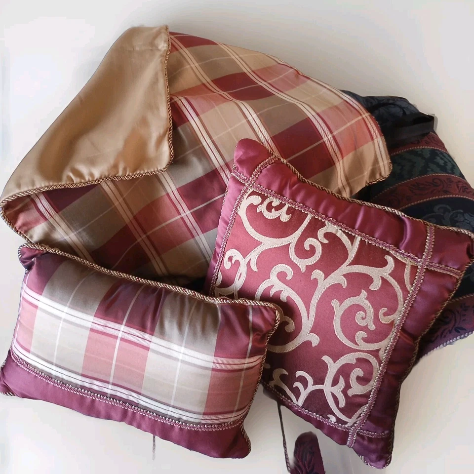 Лот 3 декоративная подушка красное золото клетку и завитки 26» Евро 11 x 18» поясничный 16» квадратный - Изображение 1 из 4