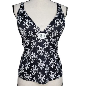 Lands End Swim Top Size 8 Black White Floral Plunge V Neck Boost Padding - Picture 1 of 7