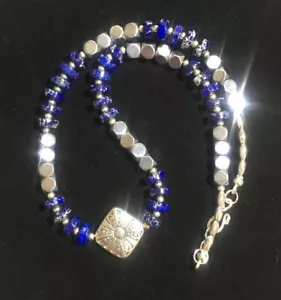 Schöne Lapislazuli/Hämatit/Silber Perlen Halskette/Halsband 18" USA ❤️ - Bild 1 von 2