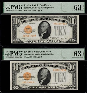 1928 $10 Gold Certificate FR-2400 - Consecutive Serial Pair - Graded PMG 63 EPQ - Picture 1 of 5