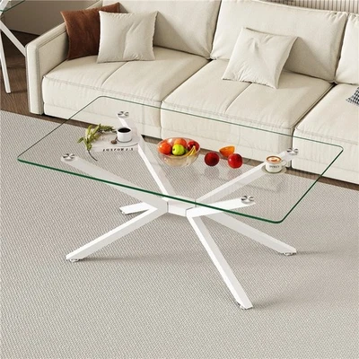Mesa de centro moderna de vidrio templado transparente de 39,37" con patas de metal para sala de estar Foto 1 de 4