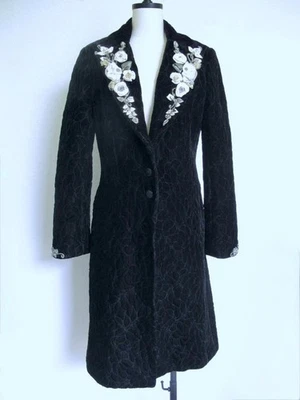 ÚNICO Abrigo de Terciopelo Negro con Cinta Floral Marfil Bordada Perlas S Ópera Noche Foto 1 de 4