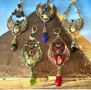 Dramatic Egyptian Revival Winged Scarab Earrings, Hand Crafted, 5 Colors, Styles - Picture 1 of 9