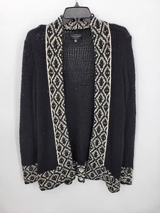 Lucky Brand Cardigan Sweater Womens Medium Black Ivory Tribal Aztec Open Front - Picture 1 of 10