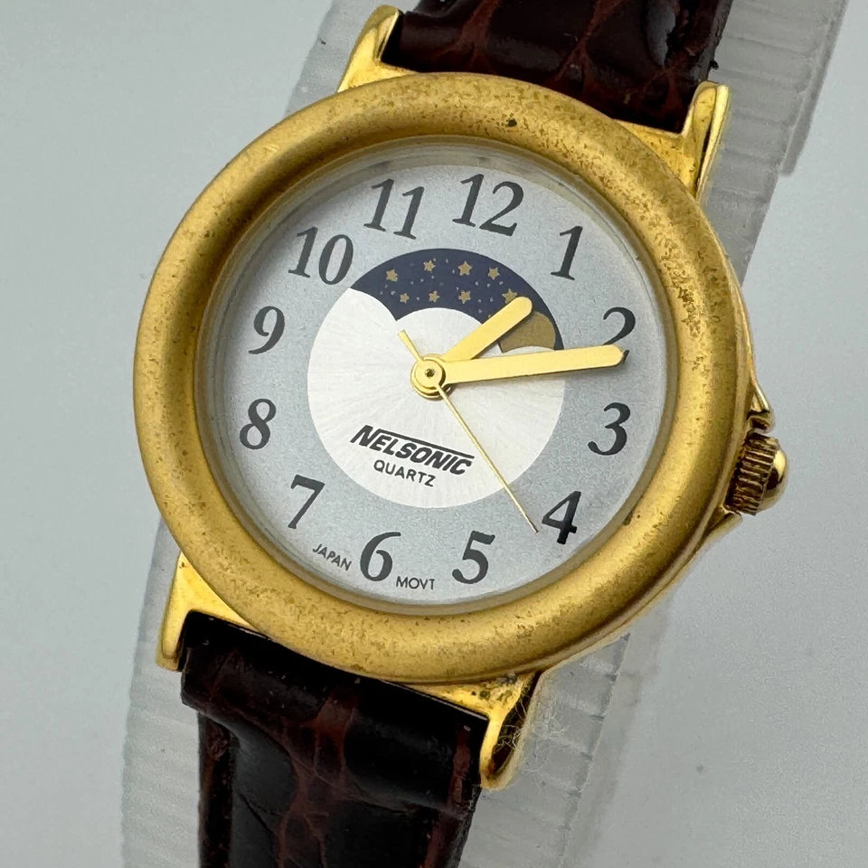 Reloj de Cuarzo Nelsonic Mujer Fase Lunar Tono Dorado Cuero Analógico Batería Nueva De Colección Foto 1 de 4