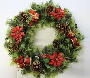 18" CHRISTMAS WREATH DECORATION/DOOR ARTIFICIAL XMAS RED/POINSETTIAS/DRUMS/CONES - Picture 1 of 6