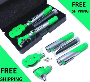 DUAL HANDLE FIBER OPTIC Otoscope Ophthalmoscope EXAM LED Diagnostic SET GREEN - Picture 1 of 8