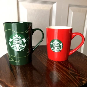 SET of 2 Starbucks coffee Mug Cup from 2021 (10 Oz Red) and 2020 (11 Oz Green) - Picture 1 of 12
