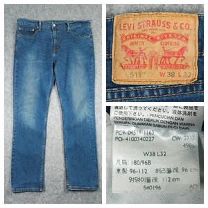 Levis 511 Jeans Mens 38X32 (Fits 38x30) Blue Slim Straight Stretch Whiskers - Picture 1 of 18