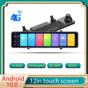 Espejo retrovisor de 12" cámara de tablero inalámbrica Carplay Android auto coche DVR lente doble - Imagen 1 de 10