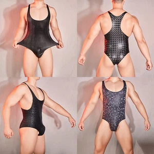 Mens Rompers Pole Dancing Jumpsuit Smooth Leotard Bodycon Bodysuit U Neck Sexy - Picture 1 of 56
