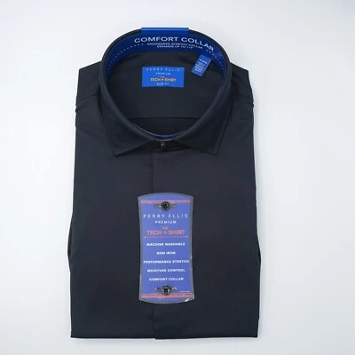 Camisa de vestir para hombre Perry Ellis 16 34/35 ajuste ceñido negra lisa sin planchar nueva con etiquetas $69,50 Foto 1 de 4