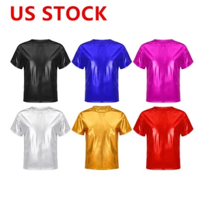 Kids Girls Shiny Metallic T-Shirts Round Neck Short Sleeve Dance Tops - Picture 1 of 71