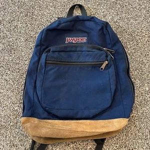 VTG 90s JanSport Blue Suede Leather Bottom Backpack Made in USA Sack Bag Large - Picture 1 of 13