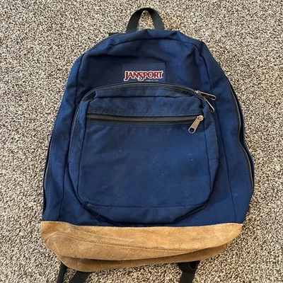 VTG 90s JanSport Blue Suede Leather Bottom Backpack Made in USA Sack Bag Large - Image 1 of 4