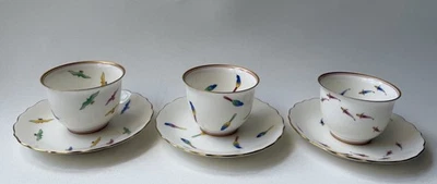 Midcentury Koransha Japan Porcelain 3 Cup & Saucer Sets Bird and Fish Motifs -CT - Image 1 of 4