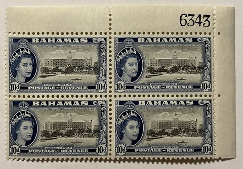 1954 BAHAMAS 10d MNH STAMP PLATE BLOCK FORT MONTAGUE HOTEL QUEEN ELIZABETH II Cover
