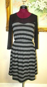 MI MANCHI SZ MX37" BLK/GRAY STRIPED ELASTIC WAIST DRESS W SHEER YOKES & SLEEVES - Picture 1 of 11
