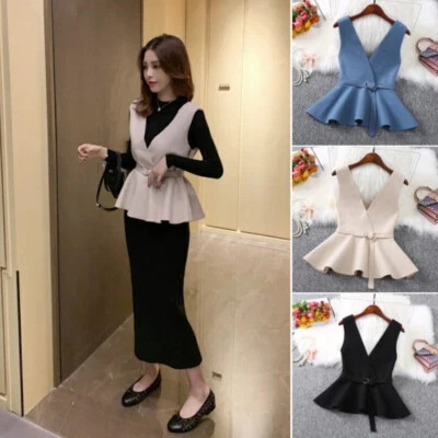 Women V Neck Waistcoat Gilet Tie Waist Sleeveless Outwear Ruffle Tank Top - Image 1 of 4