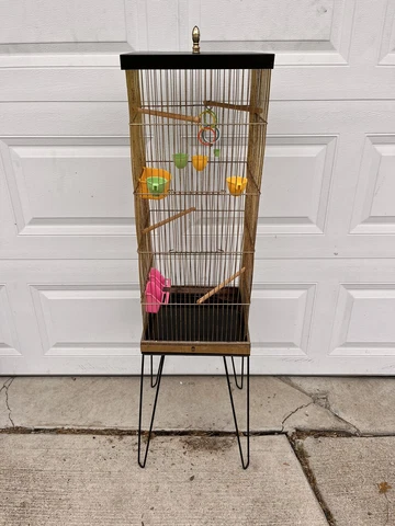 Vintage Metal Bird Cage and Stand mcm atomic hairpin legs Mid Century Modern Cover