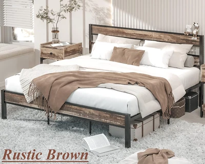 Cabecero rústico California tamaño king marco de cama acabado negro metal madera Cal King Foto 1 de 4