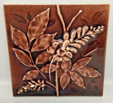 Antique Victorian 6" TRENT Fireplace Tile Brown Flowers Leaves 5/8" Thick Unused Cover