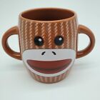 Vtg Galerie Sock Monkey Ceramic Two Handle-Two Sided Coffee Mug Brown
