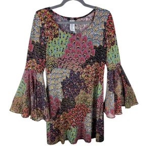 Mini Vestido Pullover Ligero Manga Campana Larga Hippie Estampado Colorido MSK Talla S - Imagen 1 de 5