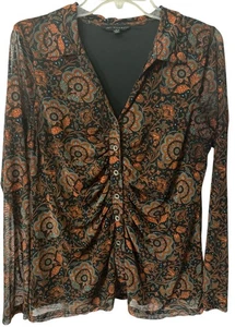 Jane & Delancey gerafftes geknöpftes Damenoberteil groß braun Netz Paisley gebraucht, in einwandfreiem Zustand - Bild 1 von 3