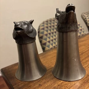 Pair Of Pewter Stag Deer Elk & Grizzly Stirrup Wine Cup 5” Pewter Shot Glass - Picture 1 of 7