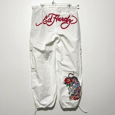 Ed Hardy Womens Cargo Parachute Pants Sz S White Tattoo Tiger Streetwear Hip Hop - Image 1 of 4