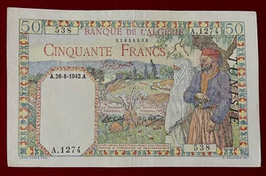 ALGERIA 50 FRANCS 1938/1945 TUNUSIA SURCHARGE - VERY RARE ** AUNC ** - Picture 1 of 2