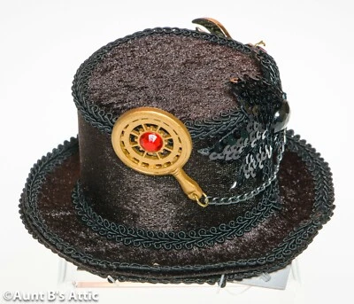 Steampunk Mini Top Hat Brown Velour Costume Hat Black Braid Trim & Sequin Accent - Image 1 of 3