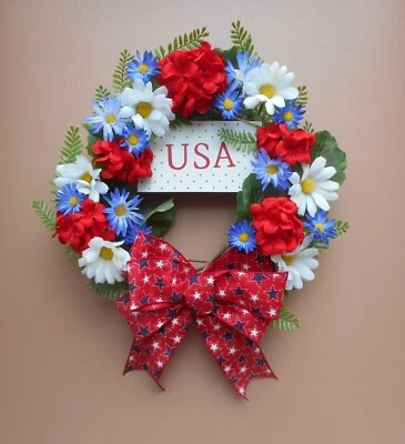 15" USA Patriotic July 4th Red White Blue Floral Summer Grapevine Wreath - Image 1 of 4