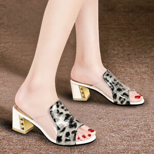 Women Pump Leopard Print Block High Heels Slippers Peep Toe Summer Sandals Shoes