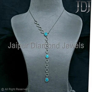 Lariat Necklace Diamond Turquoise Natural Sterling Silver Chain Wedding Jewelry - Picture 1 of 7