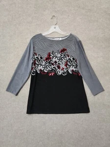 Croft & Barrow Blouse Top Womens M Gray Floral 3/4 Sleeve Stretchy NEW - Picture 1 of 9