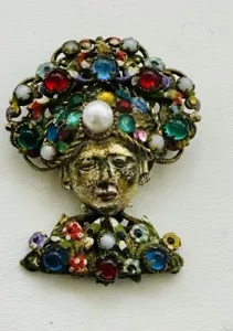 Antike tschechische filigrane Emaille Brosche mit Schmucksteinen Turban Sultan - Bild 1 von 3