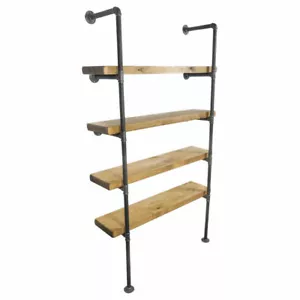 Shelving Display Unit Bookcase Solid Wood Shelves Industrial Metal Floor Mounted - Picture 1 of 7