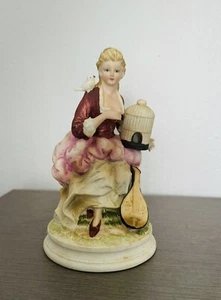 Vintage Andrea Sadek Figurine Woman Pigeons Birds Mandolin Cage 7977 Colonial - Picture 1 of 9