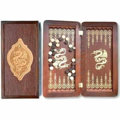  Klassisch mittel NATUR HOLZ Backgammon Golden Dragon HANDARBEIT 400x400mm 16"  - Bild 1 von 4