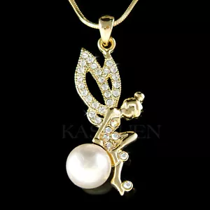 Pearl Tinkerbell made with Swarovski Crystal Tinker Bell Angel Gold Necklace New - Picture 1 of 1