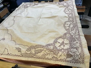 Antique Hand Embroidered Tablecloth Table Décor Linen 45x38” Red Vtg - Picture 1 of 9