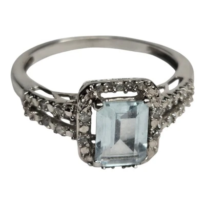 Aquamarine 10K White Gold Halo Ring Size 6 Vintage Style Jewelry Hallmark ~ 10KD - Image 1 of 4