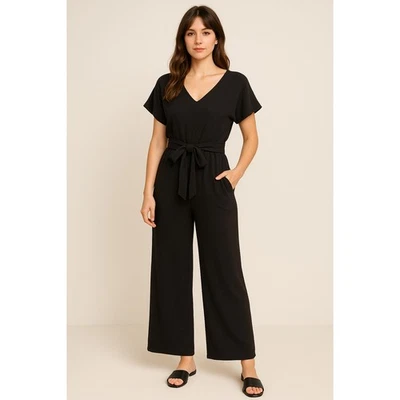 Mono Kori America Pierna Ancha Negro Talla M Corbata Frontal Tejido Texturizado Cuello en V  Foto 1 de 4