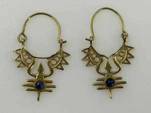 Vintage Tribal Sun Symbol Gold Tone Hoop Earrings with Blue Gemstone - Picture 1 of 6