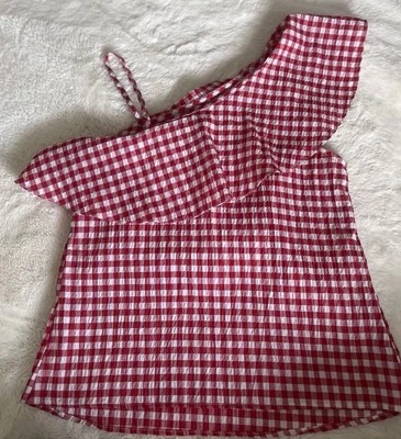 NEW LOOK RED WHITE GINGHAM CHECK RUFFLE ONE SHOULDER BLOUSE TOP SHIRT SIZE 8 - Image 1 of 4