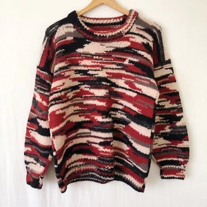 Hand Knitted Jumper Size M-L Red Black Wool Handmade Knit Sweater Pullover - Picture 1 of 9