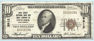$10 National Currency 1929 T1 - Ch#9912 - NJ NB & Trust, Newark, NJ - VF+